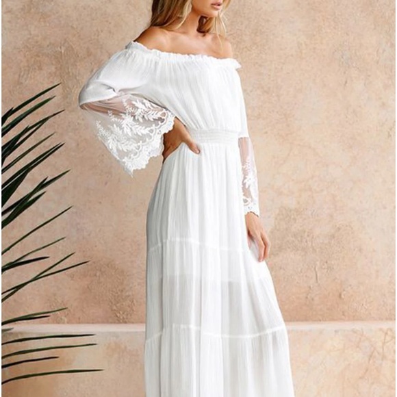Women white boho off shoulder maxi dress photoshoot - Picture 2 of 10